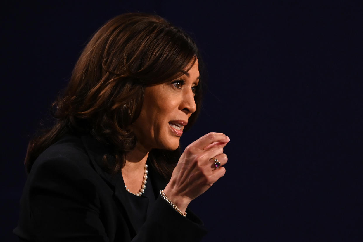 Sen. Kamala Harris speaks during the vice presidential debate in Kingsbury Hall at the University of Utah on October 7, 2020, in Salt Lake City, Utah. (Eric Baradat/AFP via Getty Images)