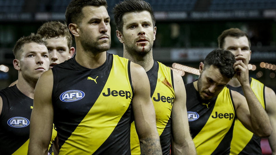 The Tigers were dejected after their loss to the Gold Coast on Thursday night. (Photo by Darrian Traynor/Getty Images)