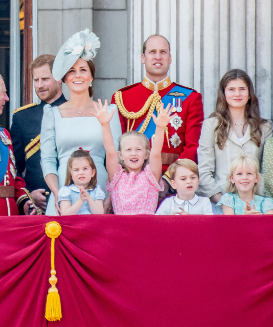 The Duke and Duchess of Cambridge, Prince George, Princess Charlotte and Savannah Philips at Trooping the Colour 2018