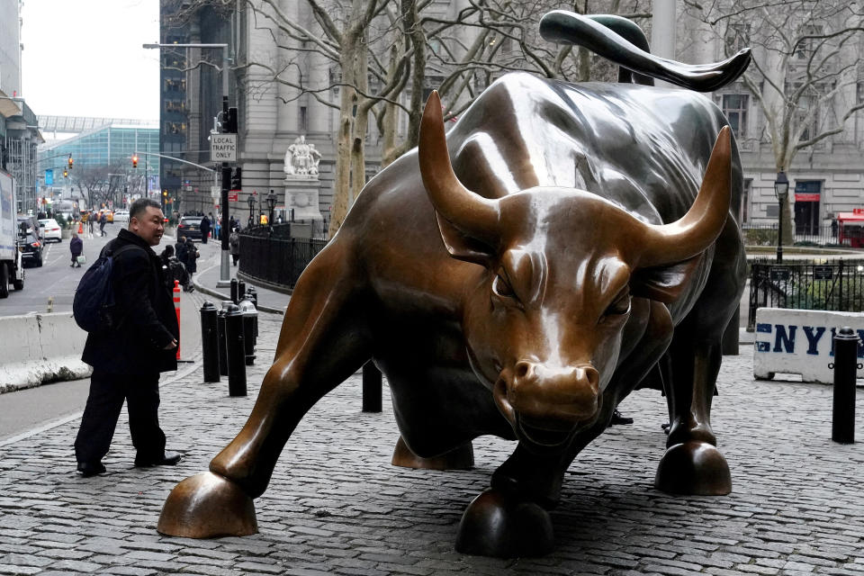 FILE PHOTO: FILE PHOTO: FILE PHOTO: The Charging Bull or Wall Street Bull is pictured in the Manhattan borough of New York City, New York, U.S., January 16, 2019. REUTERS/Carlo Allegri/File Photo/File Photo