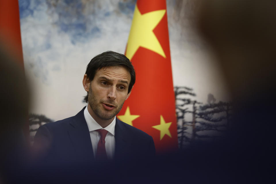 Dutch Foreign Minister Wopke Hoekstra attends a joint news conference with his Chinese counterpart Qin Gang, not pictured, following their meeting in Beijing, China, Tuesday May 23, 2023. (Thomas Peter/Pool Photo via AP)