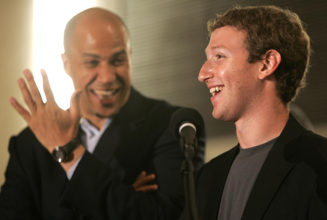 Newark's then-Mayor Cory Booker, left, and Mark Zuckerberg, in 2010. (AP Photo/Rich Schultz)