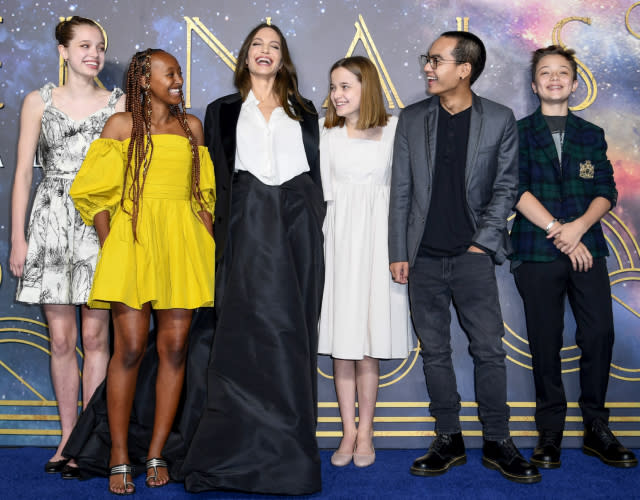 LONDON, ENGLAND – OCTOBER 27: (L-R) Shiloh Jolie-Pitt, Zahara Jolie-Pitt, Angelina Jolie, Vivienne Jolie-Pitt, Maddox Jolie-Pitt and Knox Jolie-Pitt attending the UK Gala screening of Marvel Studios’ “Eternals” at BFI IMAX Waterloo on October 27, 2021 in London, England. <em>Photo by Gareth Cattermole/Getty Images for Disney.</em>
