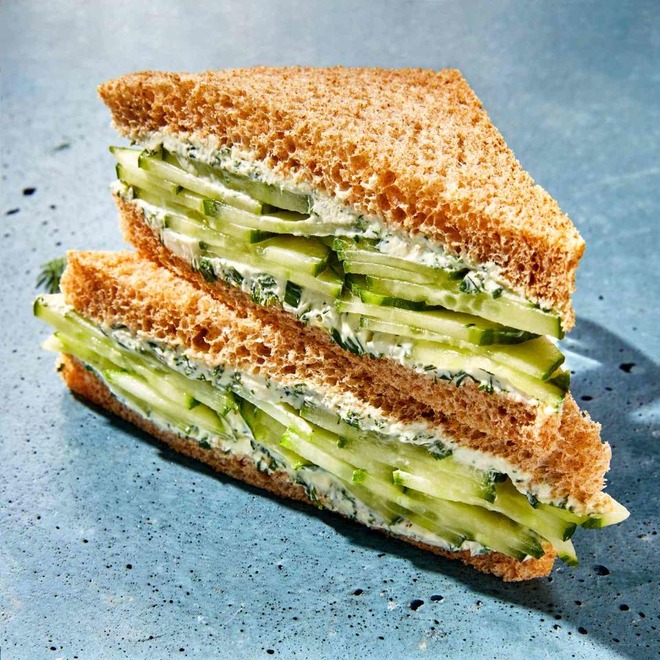 <p>This creamy, crunchy cucumber sandwich recipe strikes a lovely balance between decadent and light. The cream cheese-yogurt spread complements the crisp refreshing cucumber while the hearty flavor and texture of the whole-wheat bread holds everything together. <a href="https://www.eatingwell.com/recipe/7949991/cucumber-sandwich/" rel="nofollow noopener" target="_blank" data-ylk="slk:View Recipe;elm:context_link;itc:0;sec:content-canvas" class="link ">View Recipe</a></p>