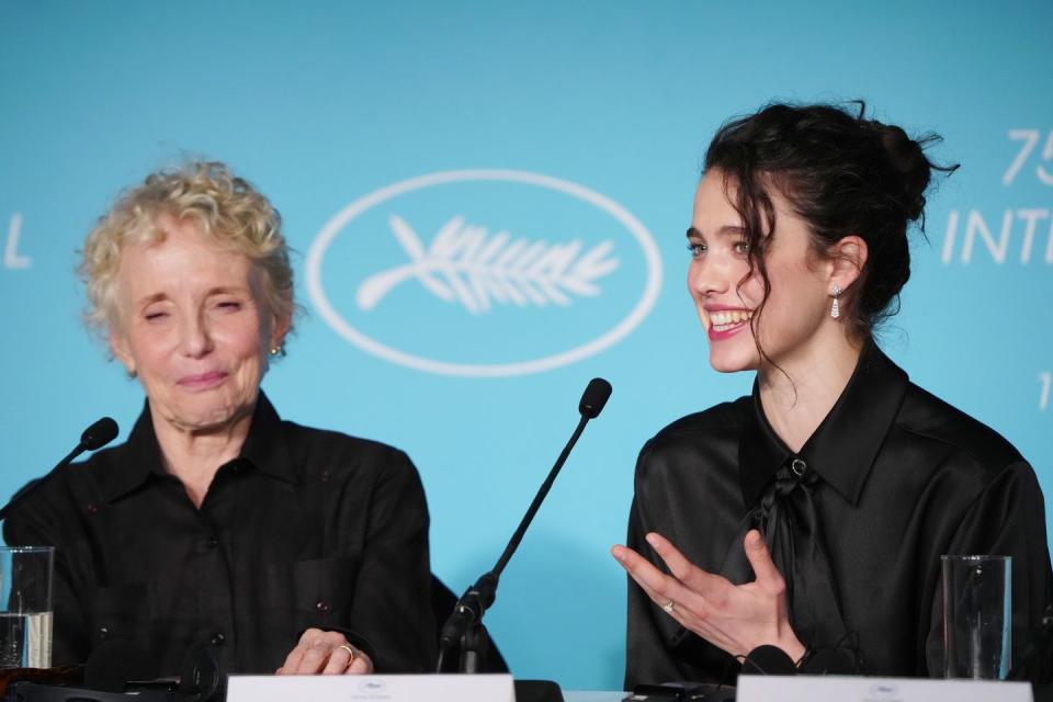 claire denis and margaret qualley attend the press conference for 