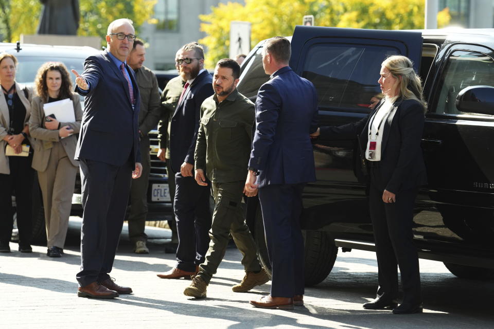 Ukrainian President Volodymyr Zelenskyy arrives on Parliament Hill in Ottawa on Friday, Sept. 22, 2023. (Sean Kilpatrick /The Canadian Press via AP)