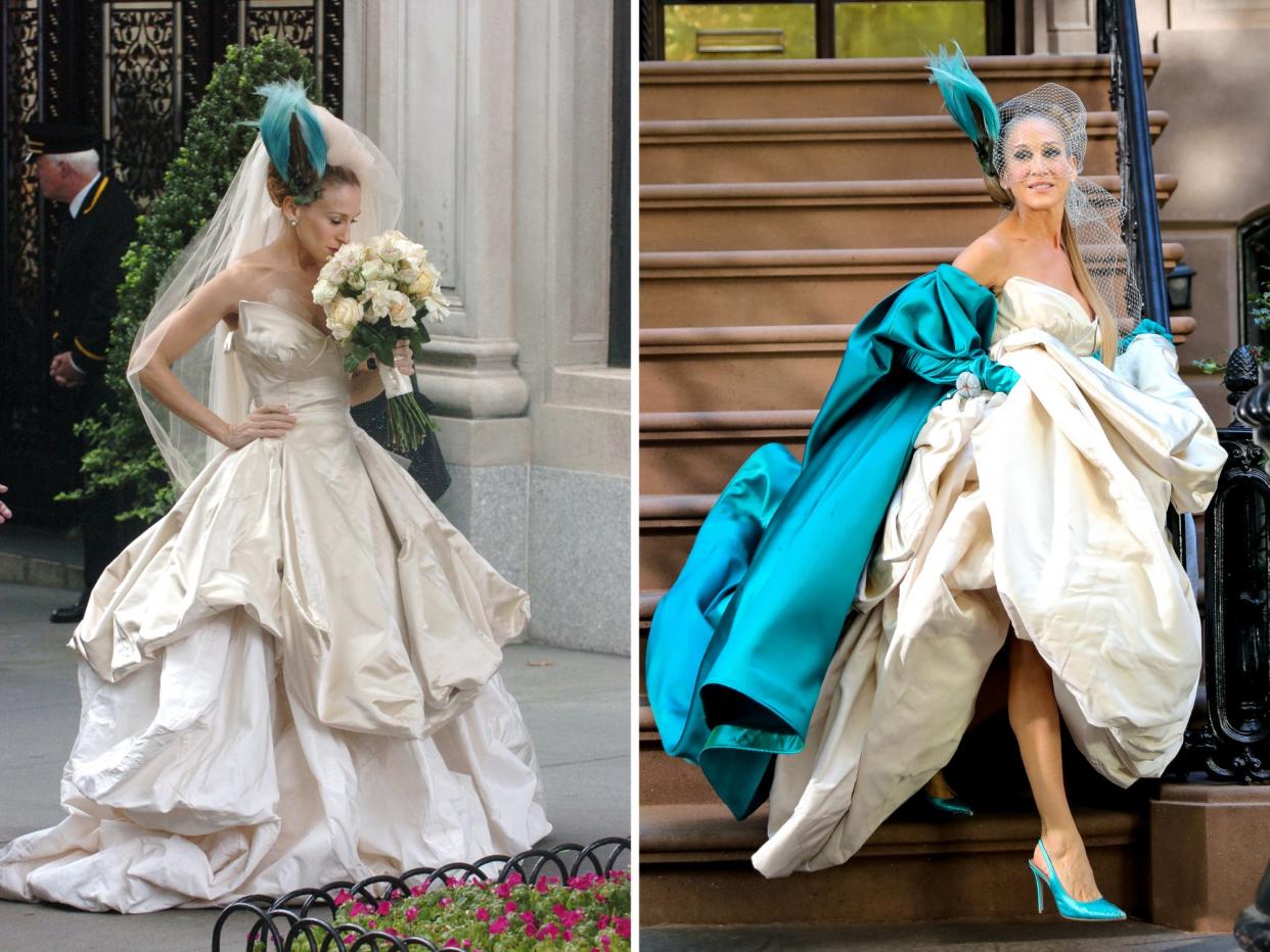 Sarah Jessica Parker wearing a wedding dress in "Sex and the City" and in "And Just Like That"