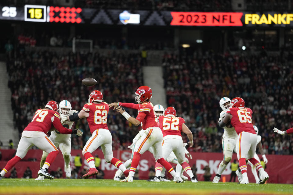 Kansas City Chiefs quarterback Patrick Mahomes throws during the second half of an NFL football game against the Miami Dolphins Sunday, Nov. 5, 2023, in Frankfurt, Germany. (AP Photo/Martin Meissner)