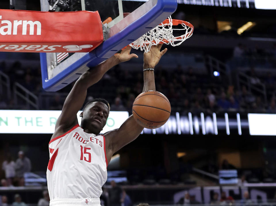 Houston Rockets center Clint Capela throws down a dunk in the first half of Sunday’s loss to the Orlando Magic. (AP)Roc