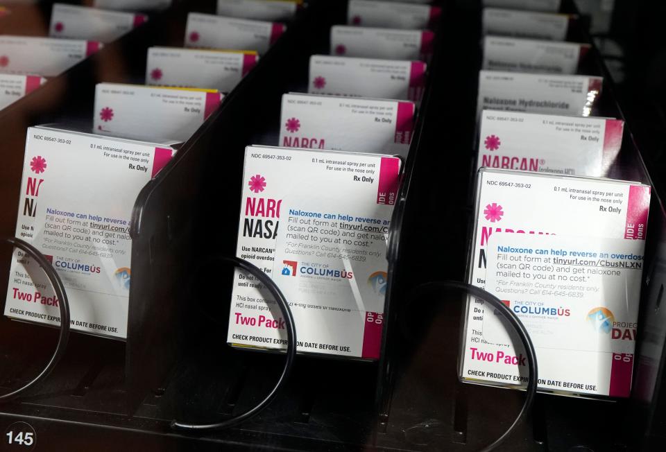 In this file photo, Narcan, the brand name for naloxone, is available in a One Stop Health Box harm reduction vending machine near downtown Columbus, Ohio, on Feb. 23, 2024. The machine also offers free pregnancy tests, condoms and fentanyl testing strips.