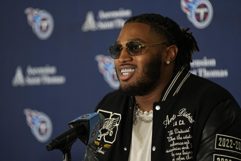 Tennessee Titans first round draft pick JC Latham speaks at an NFL football news conference Friday, April 26, 2024, in Nashville, Tenn. (AP Photo/George Walker IV)