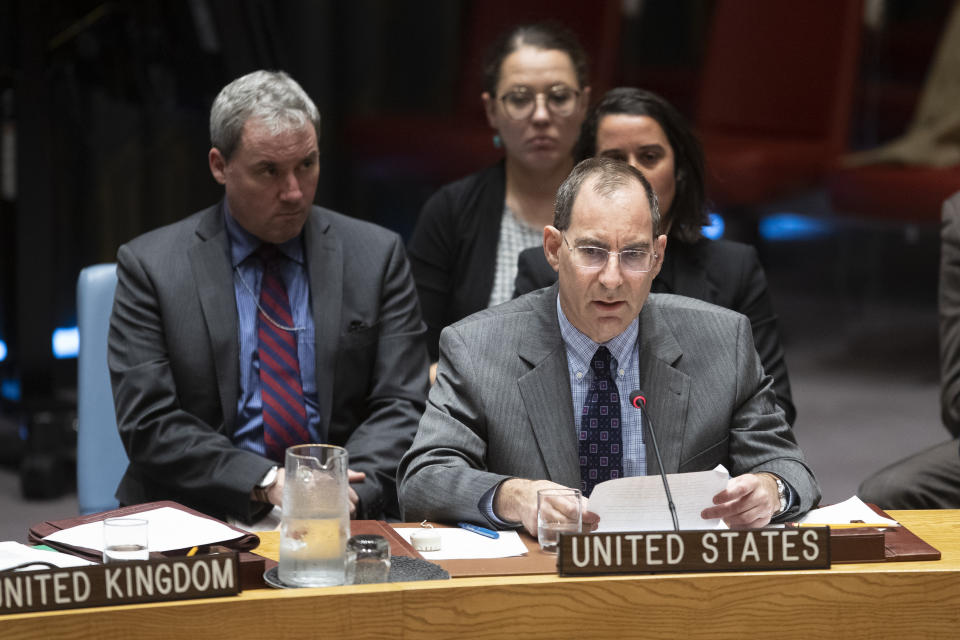 Michael Barkin, Special Advisor at U.S. Mission, speaks during a Security Council meeting on the situation in Syria, Thursday, Oct. 24, 2019 at United Nations headquarters. (AP Photo/Mary Altaffer)