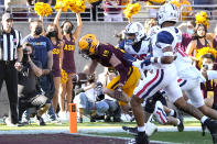 Arizona State wide receiver Ricky Pearsall (19) scores a touchdown against Arizona in the first half during an NCAA college football game, Saturday, Nov. 27, 2021, in Tempe, Ariz. (AP Photo/Rick Scuteri)