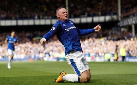 Football Soccer - Premier League - Everton vs Stoke City - Liverpool, Britain - August 12, 2017 Everton's Wayne Rooney celebrates scoring their first goal Action Images via Reuters/Lee Smith