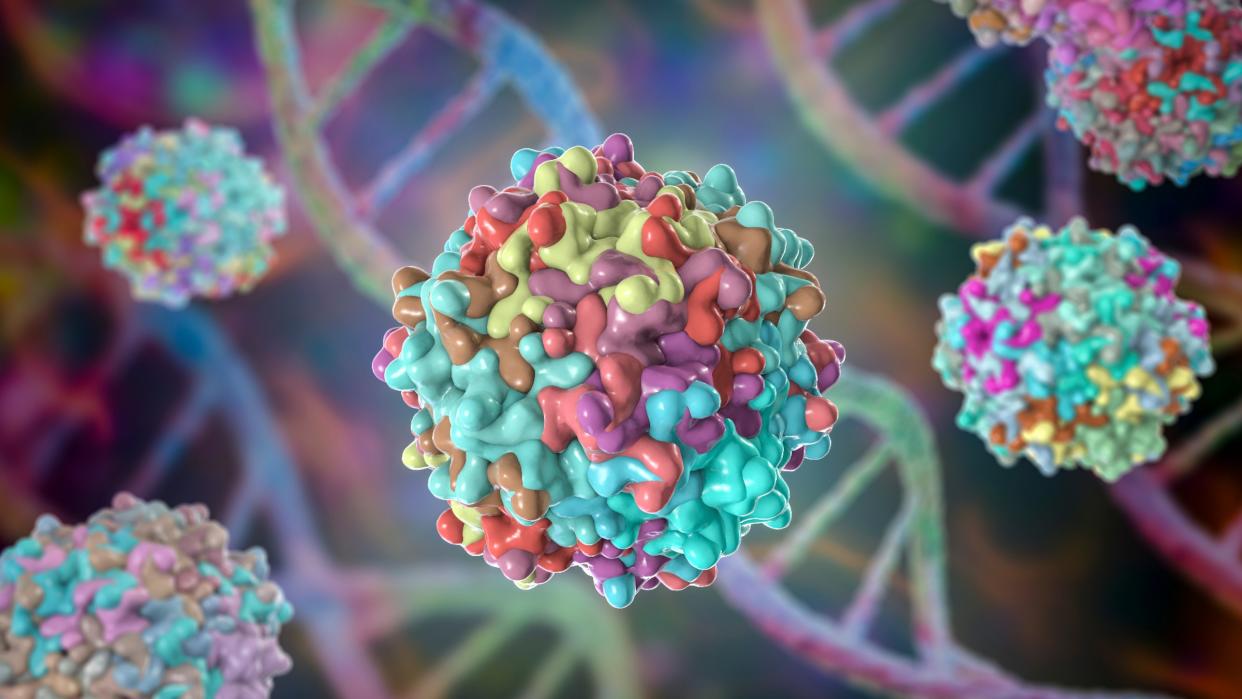  3D illustration of adeno-associated viruses that are used for gene therapy  