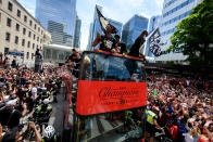 Toronto Raptors players celebrate during the Toronto Raptors Championship parade on June 13, 2019 in Toronto, ON, Canada. (Photo by Julian Avram/Icon Sportswire via Getty Images)