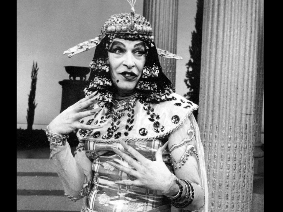 FILE - Comedian Milton Berle is the siren of the Nile during "The Milton Berle Show" on Feb. 6, 1962. Legislation is heading to Tennessee’s Republican governor, Thursday, March 2, 2023, that would ensure drag shows cannot take place in public or in front of children. Many other states have considered similar bills, but none has acted as fast as Tennessee..(AP Photo, File)