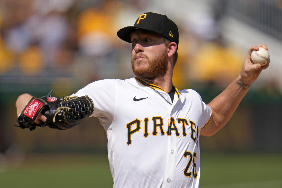 Pittsburgh Pirates starting pitcher Bailey Falter delivers during the first inning of a baseball game against the New York Mets in Pittsburgh, Saturday, July 6, 2024. (AP Photo/Gene J. Puskar)