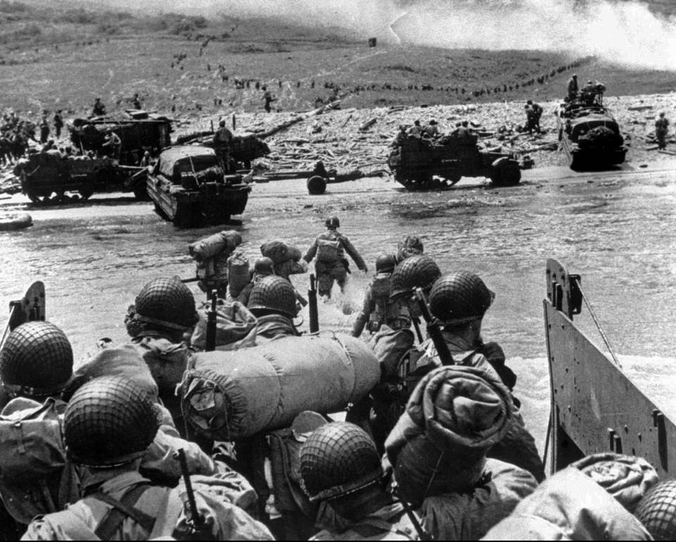 American soldiers land on the French coast of Normandy during the D-Day invasion in June 1944.
