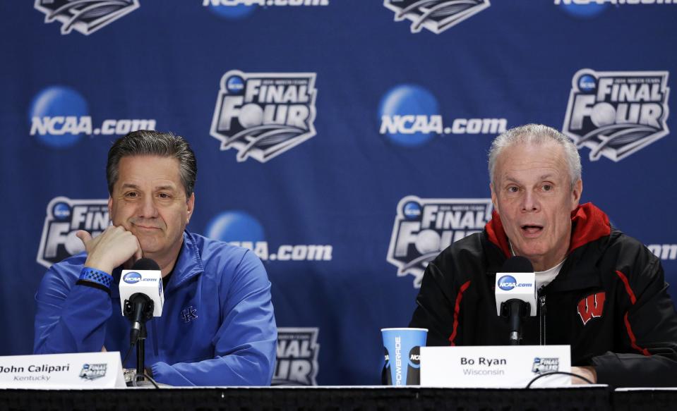 Wisconsin head coach Bo Ryan, right, and Kentucky head coach John Calipari participate in a joint news conference for their NCAA Final Four tournament college basketball semifinal game Thursday, April 3, 2014, in Dallas. Wisconsin plays Kentucky on Saturday, April 5, 2014. (AP Photo/David J. Phillip)