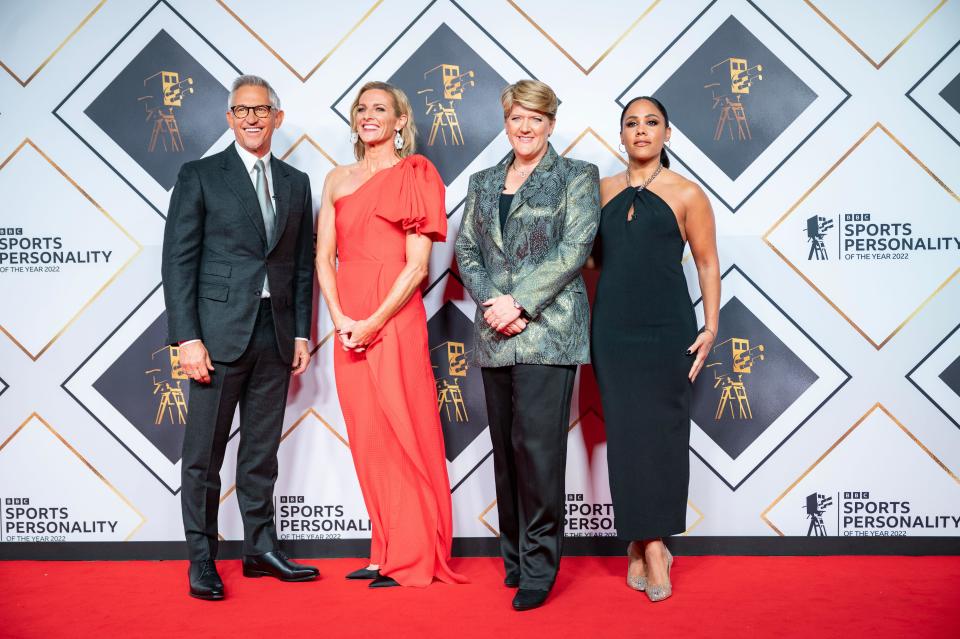 Manchester, UK. 21st December 2022. Presenters Gary Lineker, Gabby Logan, Clare Balding and Alex Scott arrive on the red carpet at the BBC Sports Personality of The Year awards 2022 . 2022-12-21. Credit:  Gary Mather/Alamy Live News