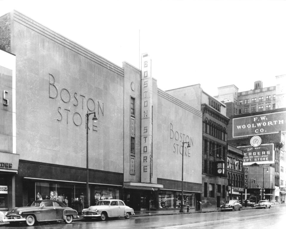 For nearly 60 years, downtown Utica had a Boston Store—one of a chain of Boston Stores founded in Milwaukee, Wisconsin in 1897. The first one in Utica was on Franklin Square and opened in 1918. In 1941, the store shown here opened in a block bounded by Genesee, Bleecker, Charlotte and Oriskany streets. It was the city’s largest department store and its five floors housed dozens of departments that attracted shoppers from throughout Central New York. It closed on Christmas Eve in 1976 and today the building is occupied by the Resource Center for Independent Living.