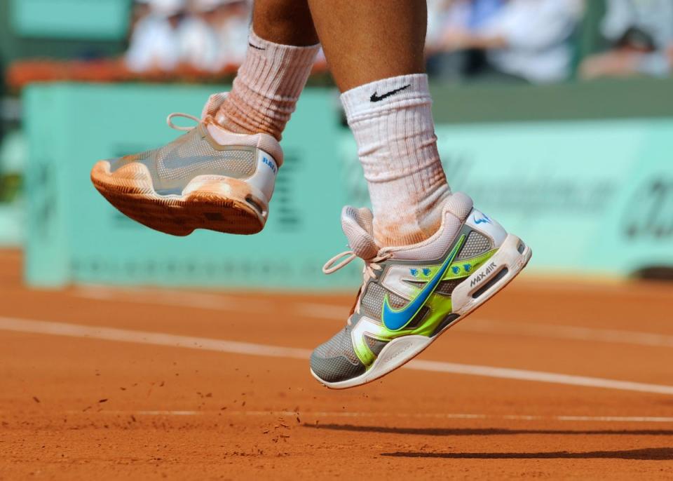 Rafael Nadal’s Nike Air Max Court Ballistec 2.3 at Roland Garros in 2010 (AFP via Getty Images)