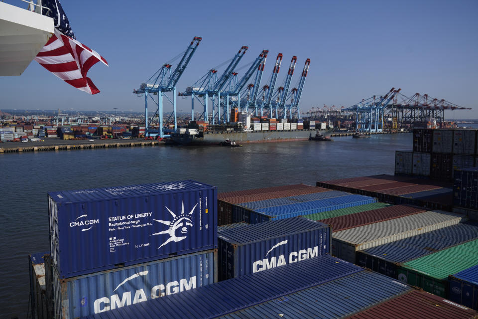 A container ship makes it way toward the Port of New York and New Jersey in Elizabeth, N.J., Wednesday, June 30, 2021. (AP Photo/Seth Wenig)