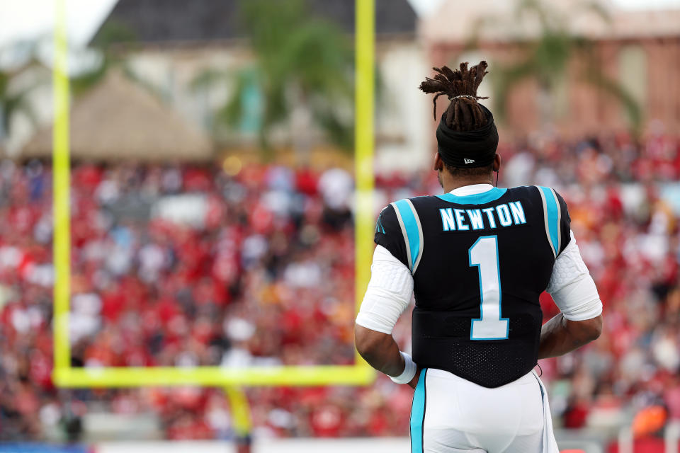 Cam Newton looking on field.