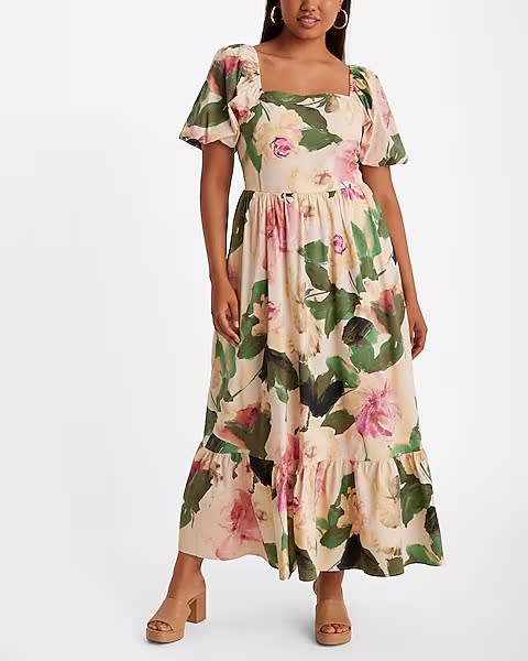 Express Floral Square Neck Puff Sleeve Tiered Poplin Maxi Dress, one of the wedding guest dresses for women over 50