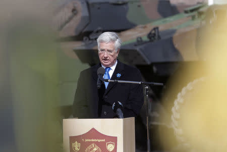 Britain's Defence Secretary Michael Fallon speaks during the official ceremony welcoming the deployment of a multi-national NATO battalion in Tapa, Estonia, April 20, 2017. REUTERS/Ints Kalnins