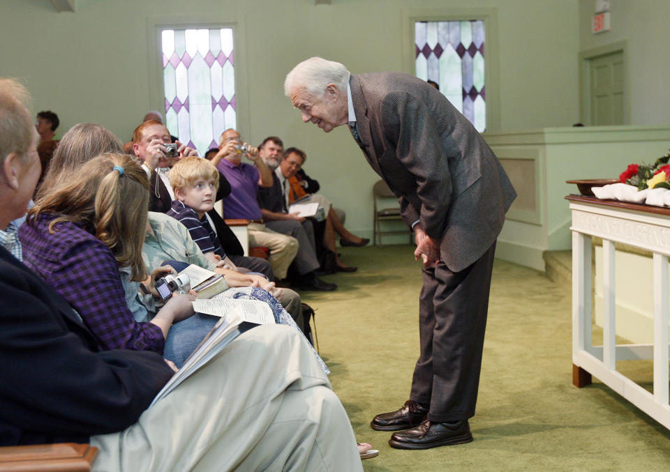 This Sept. 22, 2009 photo shows former President Jimmy Carter teaching Sunday school at Maranatha Baptist Church in Plains, Ga. (AP Photo/John Bazemore)