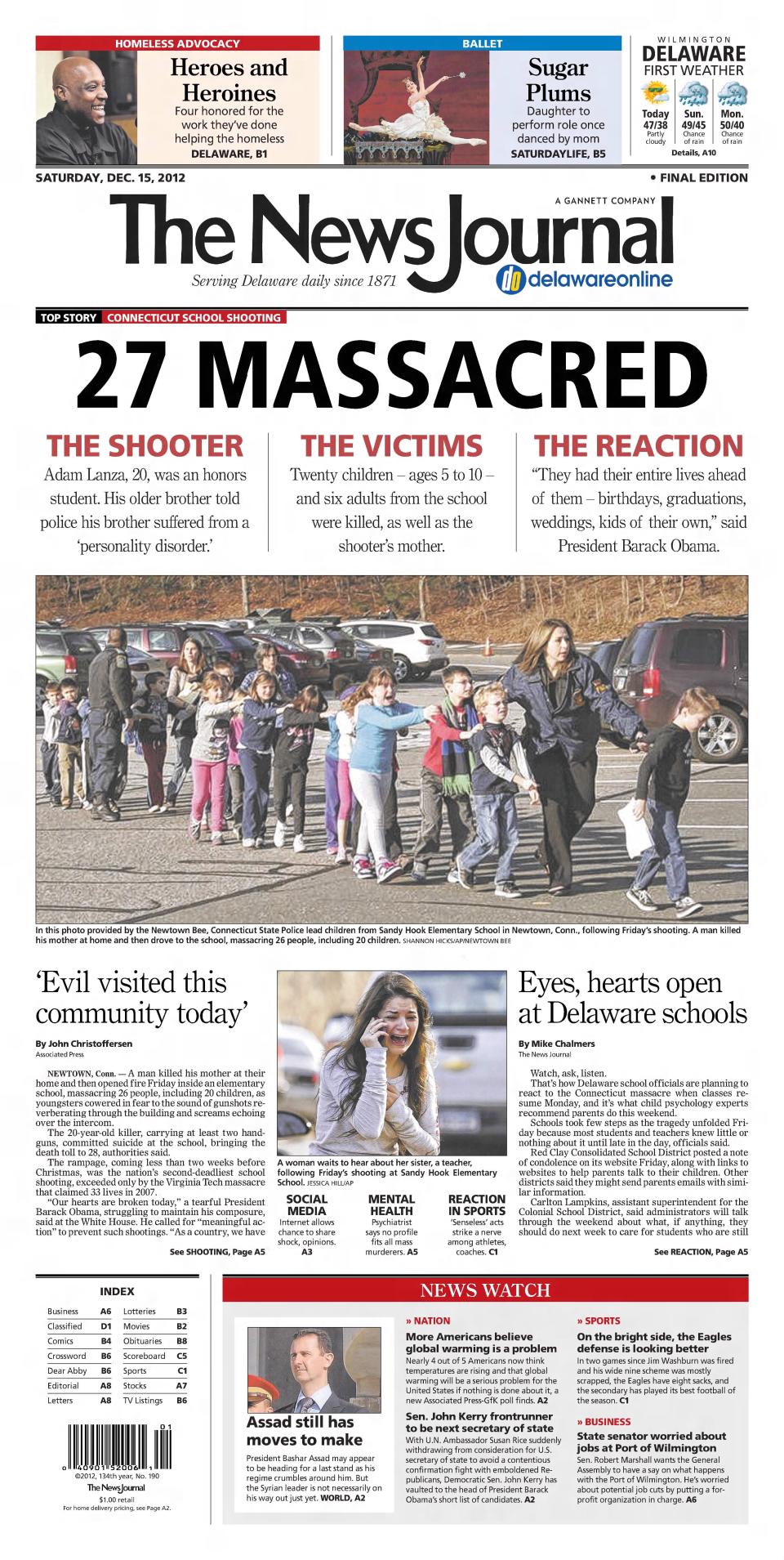 Front page of The News Journal from Dec. 15, 2012.