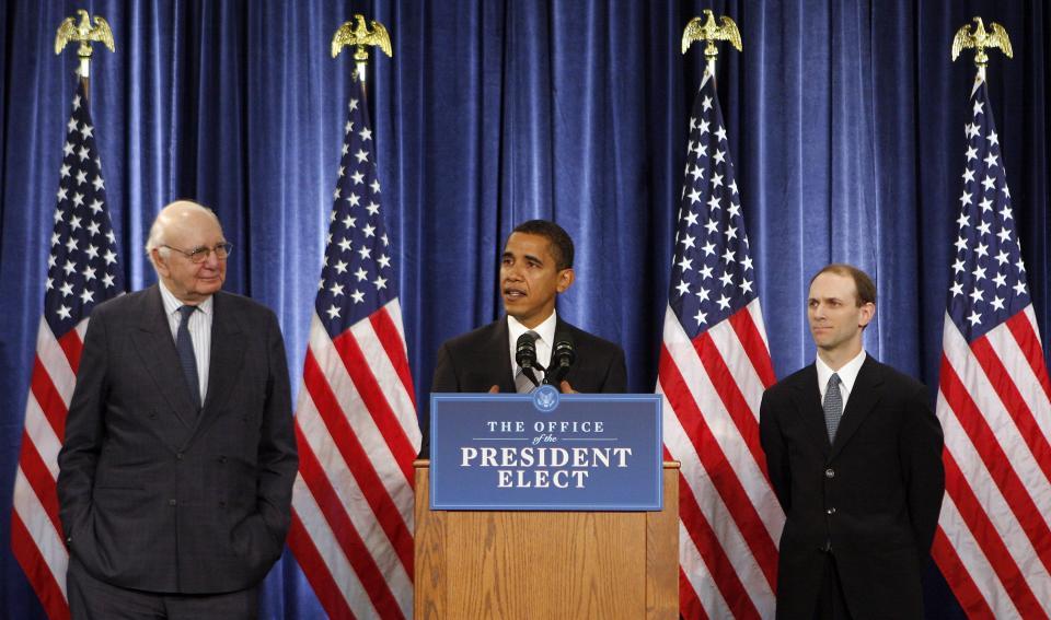 President-elect Barack Obama announces the Economic Recovery Advisory Board on Nov. 26, 2008. Obama named former Federal Reserve Chairman Paul Volcker, left, to a panel that would advise on how to pull the economy out of recession. University of Chicago economist Austan Goolsbee would also serve on the board. (Photo: Rex/Shutterstock)