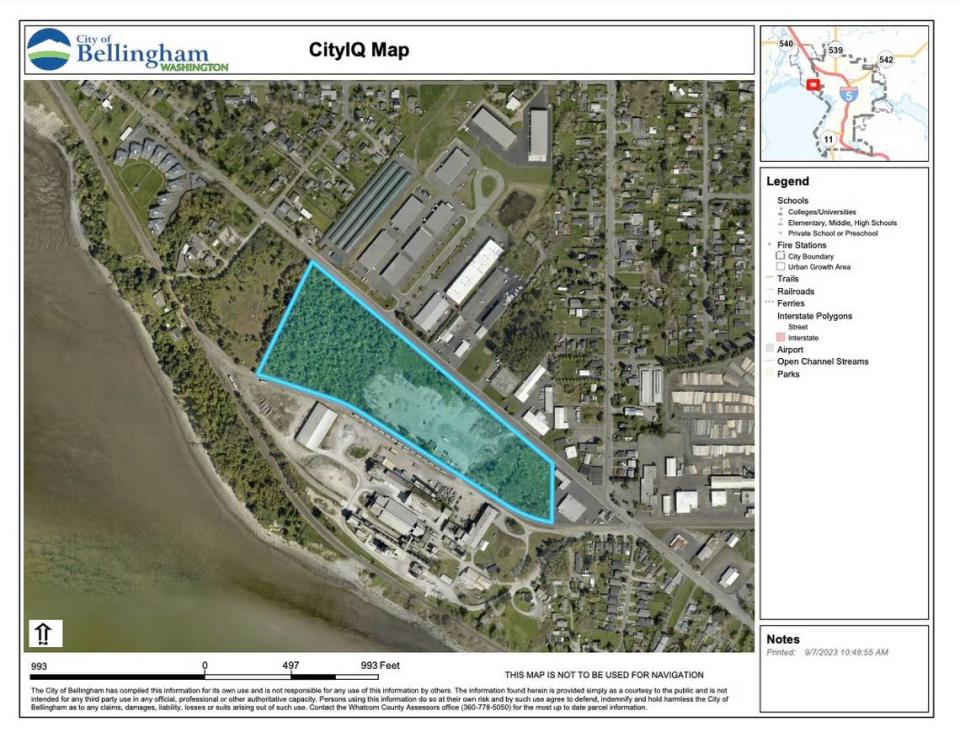 The site for the proposed metal shredder facility is highlighted on a satellite map. The property is owned by ABC Recycling and is zoned as heavy industrial. City of Bellingham CityIQ Map/Courtesy to The Bellingham Herald