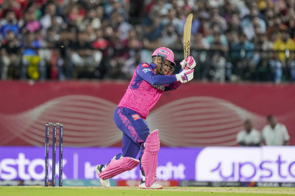 Rajasthan Royals' Shimron Hetmyer plays a shot during the Indian Premier League cricket match between Punjab Kings and Rajasthan Royals in Dharamshala, India, Friday, May 19, 2023. (AP Photo /Ashwini Bhatia)