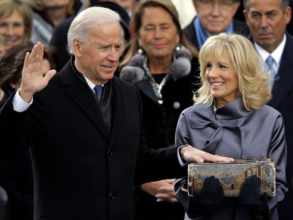 Jill Biden looks at her husband as he's sworn in during the 57th Presidential Inauguration in 2013.