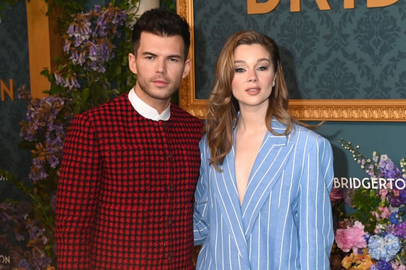 Luke Newton (L) and Claudia Jessie attend the "Bridgerton" Season 3 premiere Monday. Photo by Louis Lanzano/UPI