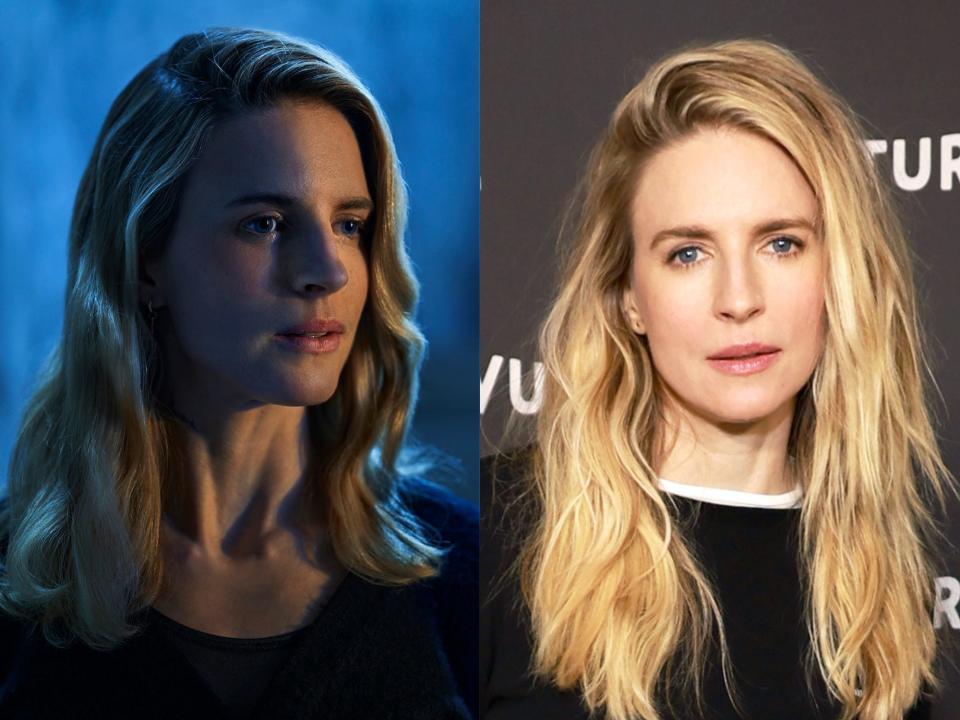 left: brit marling as lee andersen, right: brit marling in a red carpet, her hair long and wavy