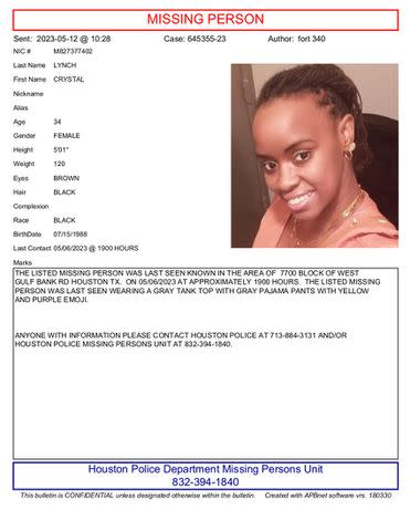 <p>Houston Police Department</p> Crystal Lynch's missing person poster