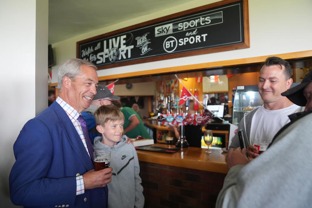 UK Reform Party leader Nigel Farage (left) and new Reform MP for South Basildon and East Thurrock James McMurdock (right) during a visit to Wyldecrest Sports Country Club, Corringham, Essex. Picture date: Saturday July 6, 2024. (Photo by Joe Giddens/PA Images via Getty Images)