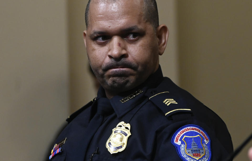 U.S. Capitol Police Sgt. Aquilino Gonell listens during a House select committee hearing on the Jan. 6 attack on Capitol Hill in Washington, Tuesday, July 27, 2021. (Andrew Caballero-Reynolds/Pool via AP)