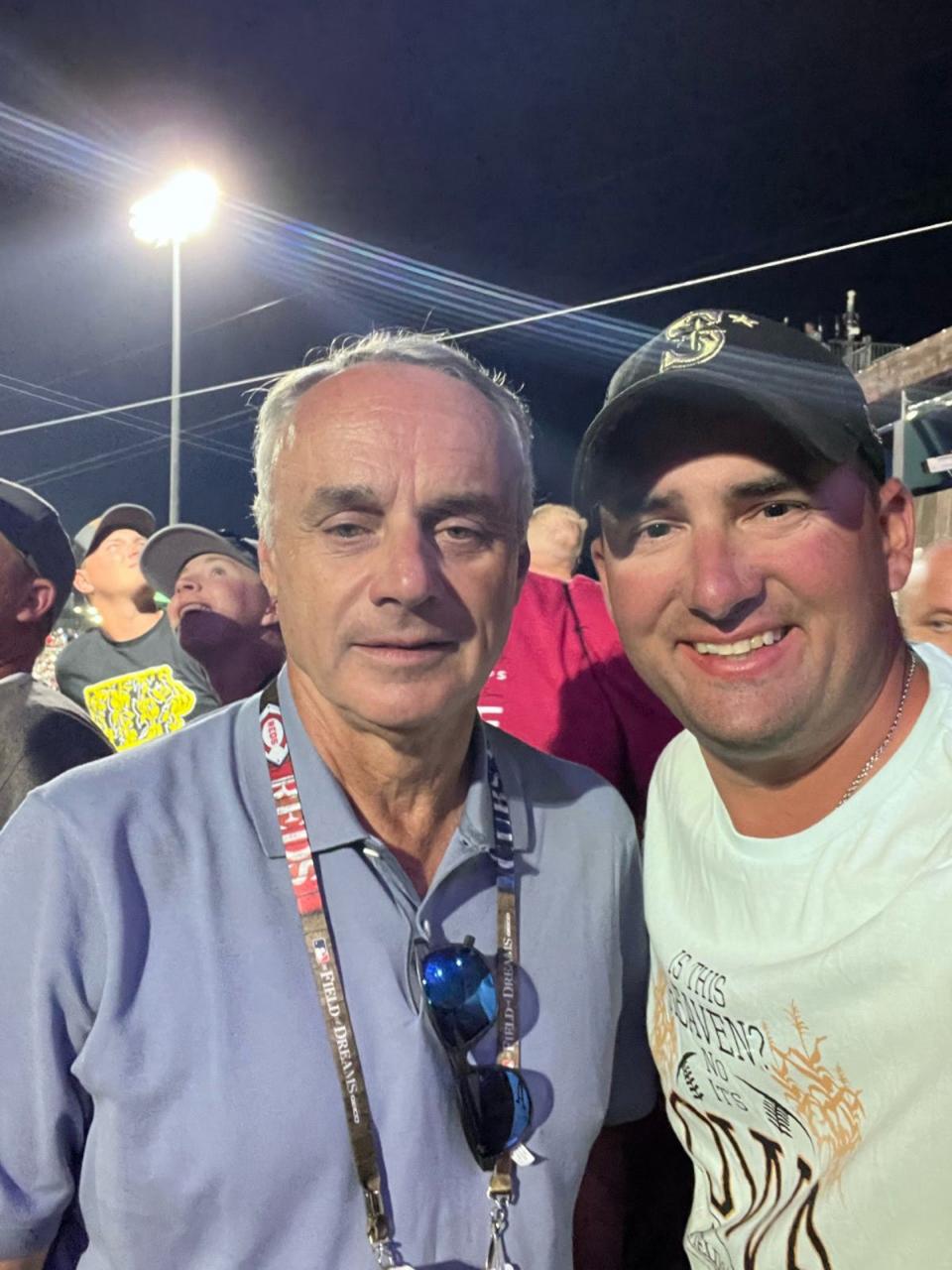 Danny Phipps and Rob Manfred, commissioner of Major League Baseball, during the Aug. 11 Field of Dreams game between the Chicago Cubs and Cincinnati Reds.