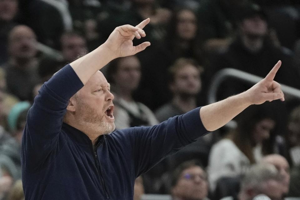 Milwaukee Bucks head coach Mike Budenholzer reacts during the first half of an NBA basketball game Tuesday, Jan. 17, 2023, in Milwaukee. (AP Photo/Morry Gash)