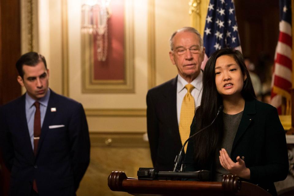 amanda nguyen, founder of rise, a sexual assault survivor rights nonprofit group speaks at the capitol in washington