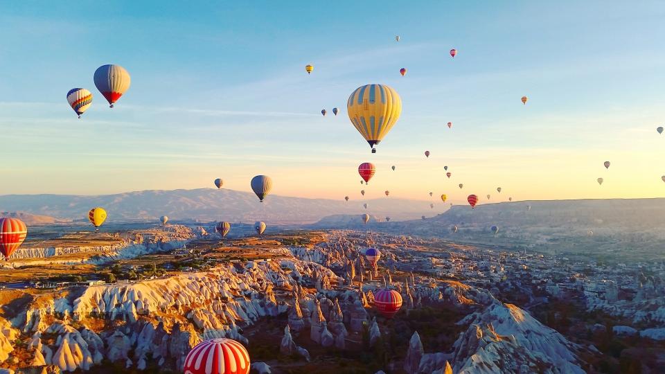 Floating in a hot air balloon in Cappadocia, Turkey.