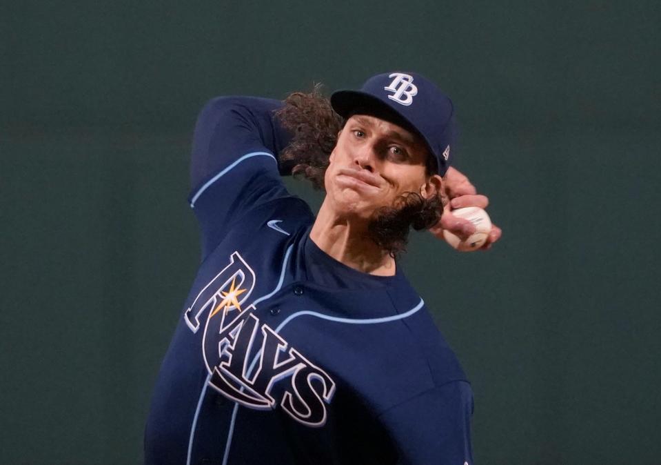 Tampa Bay Rays starting pitcher Tyler Glasnow delivers during the first inning of a baseball game against the Boston Red Sox at Fenway Park, Monday, Oct. 3, 2022, in Boston. (AP Photo/Mary Schwalm)