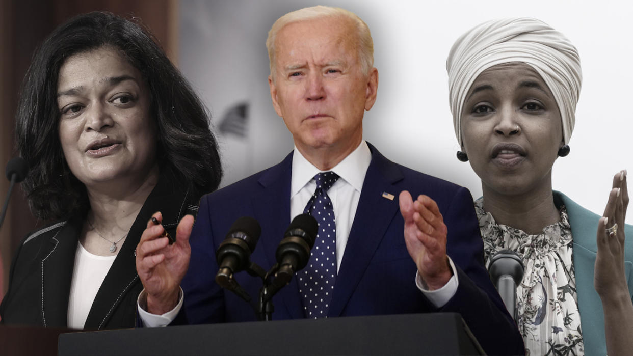 From left: Rep. Pramila Jayapal, D-Wash.; President Biden; Rep. Ilhan Omar, D-Minn. (Photo illustration: Yahoo News; photos: Chip Somodevilla/Getty Images, Andrew Harrer/Bloomberg via Getty Images, Drew Angerer/Getty Images)