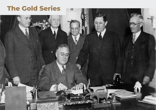 <span class="caption">Franklin D Roosevelt signs bill that will lead to Gold Reserve Act 1934. </span> <span class="attribution"><a class="link " href="https://en.wikipedia.org/wiki/Gold_Reserve_Act#/media/File:Franklin_Delano_Roosevelt_signs_Gold_Bill_1934.jpg" rel="nofollow noopener" target="_blank" data-ylk="slk:Wikimedia Commons;elm:context_link;itc:0;sec:content-canvas">Wikimedia Commons</a></span>