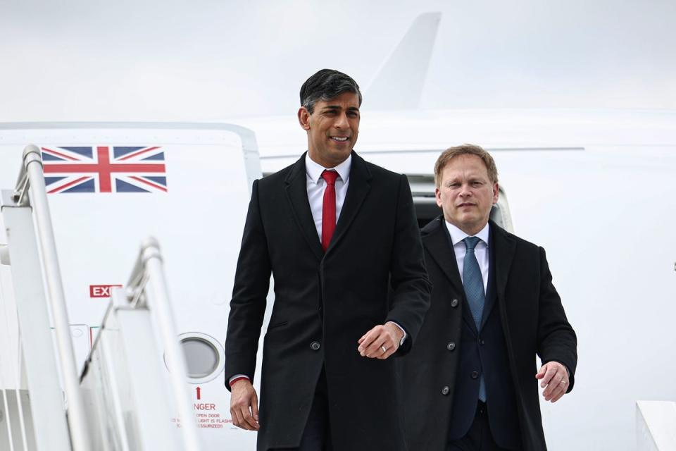 Prime Minister Rishi Sunak (left) and Defence Secretary Grant Shapps arrive at Warsaw Chopin airport in Warsaw during a visit to Poland and Germany. Picture date: Tuesday April 23, 2024. (PA Wire)